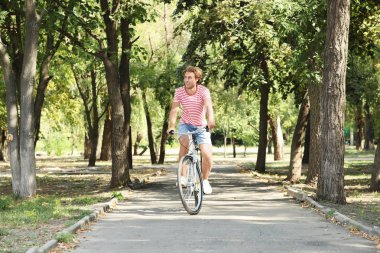 Yakışıklı adam binicilik bisiklet park güneşli