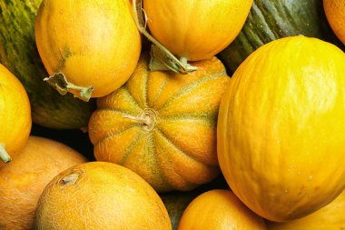 Arka plan, üstten görünüm olarak taze lezzetli Olgun kavun