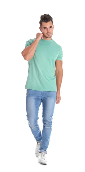 Jonge Man Stijlvolle Jeans Witte Achtergrond — Stockfoto