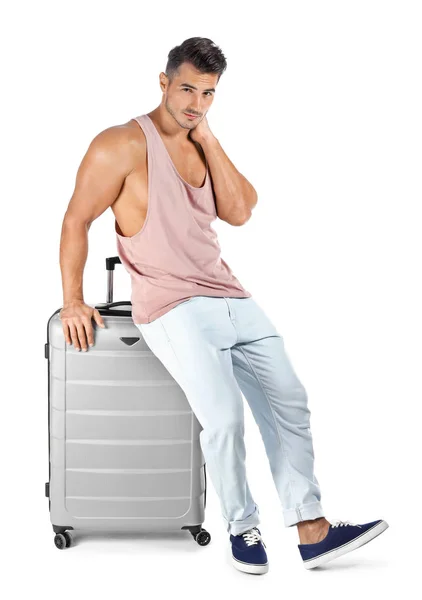Junger Mann Mit Koffer Auf Weißem Hintergrund — Stockfoto