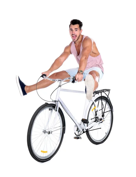 Bonito Jovem Hipster Homem Andar Bicicleta Fundo Branco — Fotografia de Stock