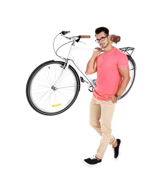 Schöner Junger Hipster Mann Mit Fahrrad Auf Weißem Hintergrund — Stockfoto