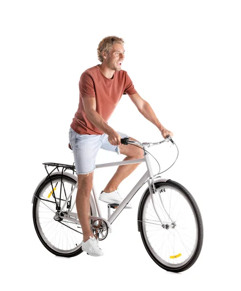 Bonito Jovem Andando Bicicleta Fundo Branco — Fotografia de Stock