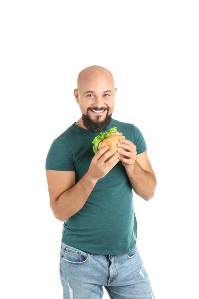 Uomo Sovrappeso Con Hamburger Sfondo Bianco — Foto Stock