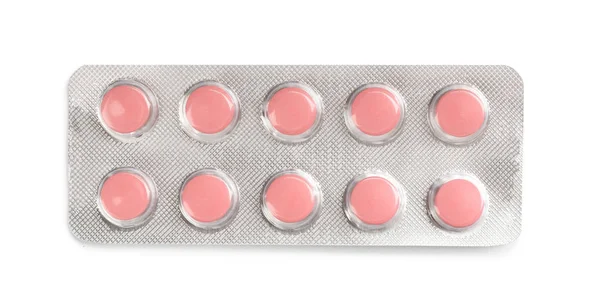 Pillen Blisterverpakking Witte Achtergrond Bovenaanzicht Medische Behandeling — Stockfoto