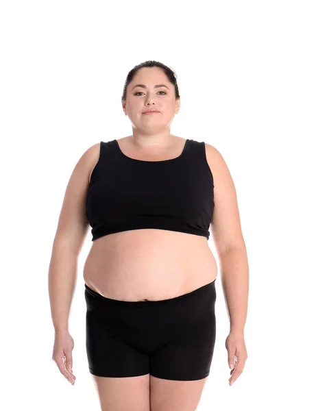 Dicke Frau Auf Weißem Hintergrund Gewichtsverlust — Stockfoto