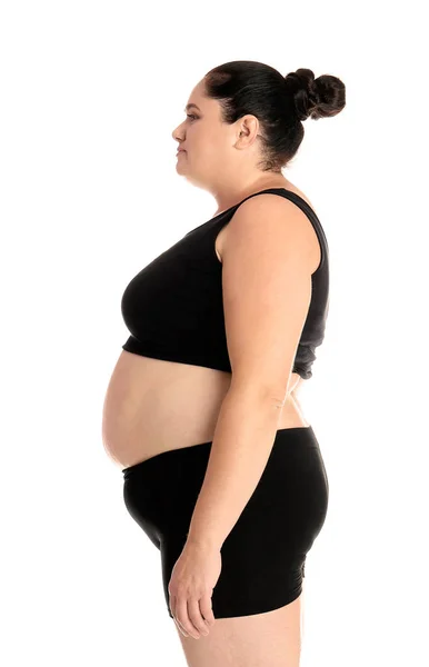 Mujer Gorda Sobre Fondo Blanco Pérdida Peso — Foto de Stock