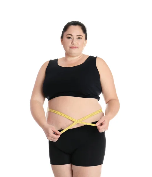 白い背景の上のテープを測定する場合の太った女性 体重減少 — ストック写真