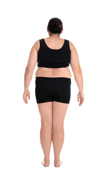 Dicke Frau Auf Weißem Hintergrund Gewichtsverlust — Stockfoto