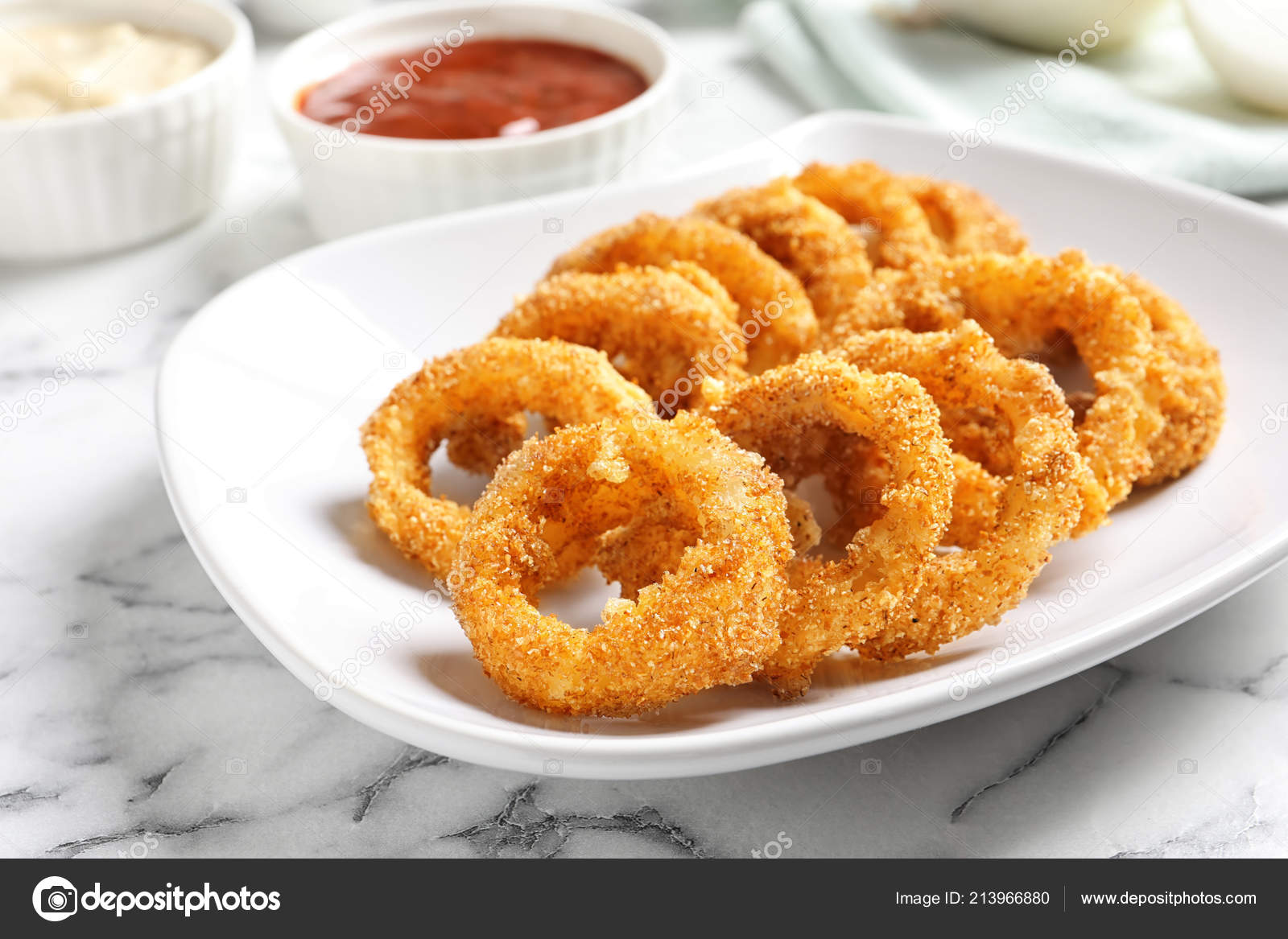 Plate Homemade Crunchy Fried Onion Rings Sauce Marble Table