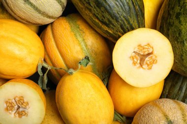 Arka plan, üstten görünüm olarak taze lezzetli Olgun kavun