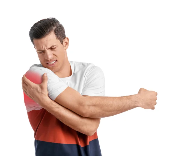 Young Man Suffering Shoulder Pain White Background — Stock Photo, Image