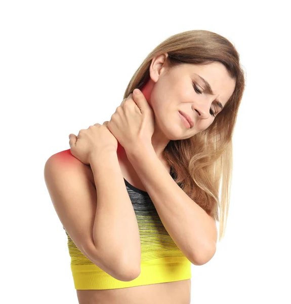 Mature Woman Suffering Neck Pain White Background — Stock Photo, Image