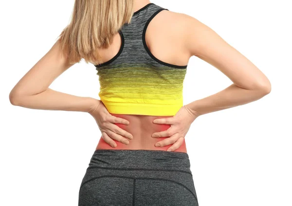 Woman Suffering Back Pain White Background — Stock Photo, Image