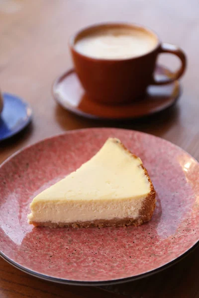 Plate Slice Cheesecake Wooden Table — Stock Photo, Image