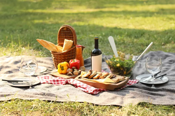 Cobertor Com Alimentos Preparados Para Piquenique Verão Livre — Fotografia de Stock