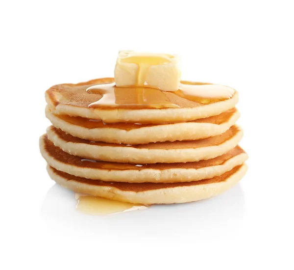 Stack Pannkakor Med Smör Och Honung Vit Bakgrund — Stockfoto