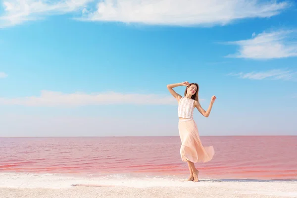 Beautiful Woman Inflatable Ring Posing Pink Lake Sunny Day — Stock Photo, Image