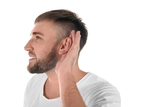 Ung Man Med Hörselproblem Vit Bakgrund — Stockfoto