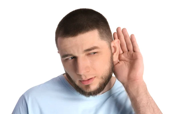 Mladý Muž Poruchou Sluchu Bílém Pozadí — Stock fotografie