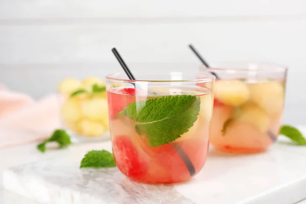 Glasses Tasty Watermelon Melon Ball Drink Table — Stock Photo, Image