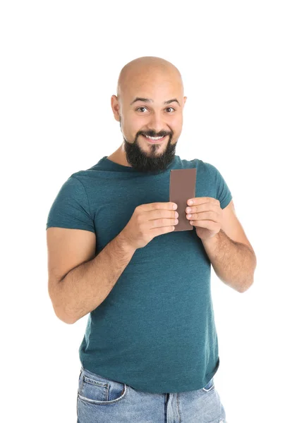 Hombre Con Sobrepeso Con Barra Chocolate Sobre Fondo Blanco —  Fotos de Stock