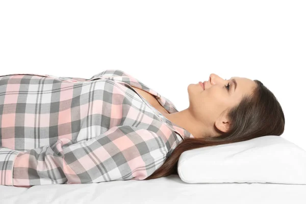 Schöne Schwangere Frau Schläft Mit Bequemen Kissen Auf Dem Bett — Stockfoto