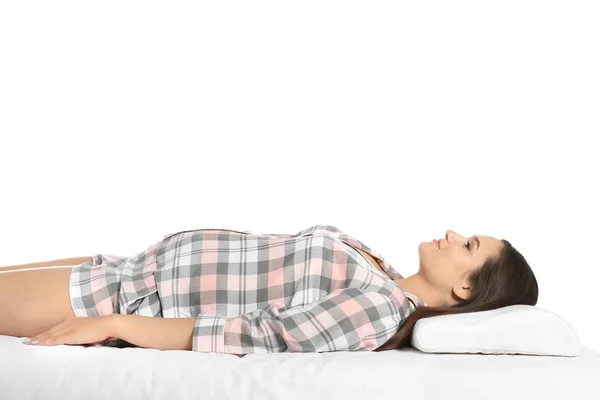 Szép Terhes Alszik Kényelmes Párna Ágyon Színes Háttérrel — Stock Fotó