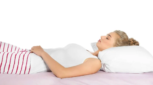 Junge Frau Umarmt Kissen Auf Dem Bett Hause — Stockfoto