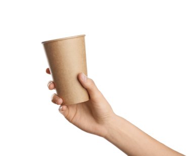 Zavallı kadın beyaz arka plan, closeup para için yalvarıyor