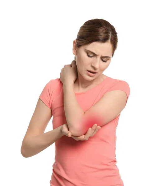 Mature Woman Suffering Elbow Pain White Background — Stock Photo, Image