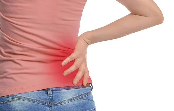 Frau Mit Rückenschmerzen Auf Weißem Hintergrund Nahaufnahme — Stockfoto