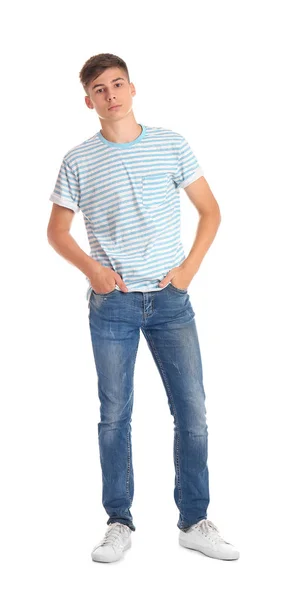 Teenage Dreng Afslappet Tøj Hvid Baggrund - Stock-foto