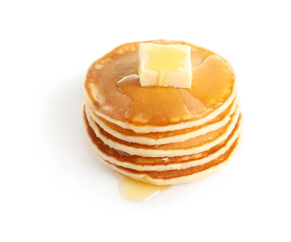 Stapel Von Pfannkuchen Mit Butter Und Honig Auf Weißem Hintergrund — Stockfoto