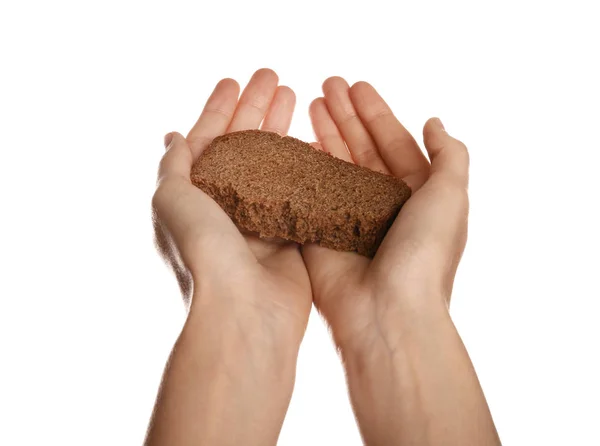 Arme Frau Mit Einem Stück Brot Auf Weißem Hintergrund Nahaufnahme — Stockfoto