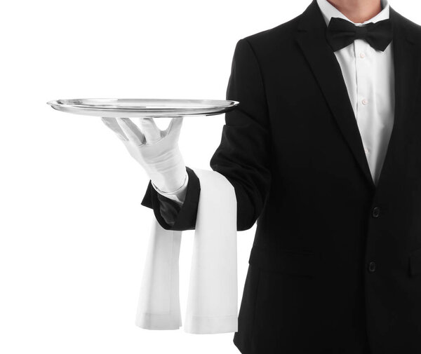 Waiter holding metal tray on white background