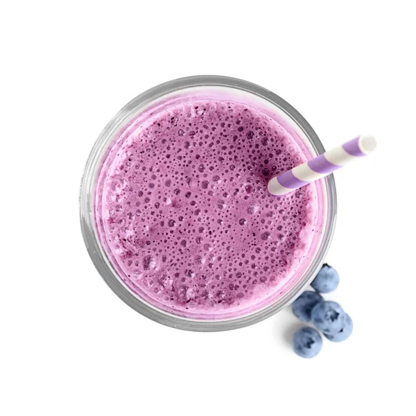 Leckerer Blueberry Smoothie Glas Auf Weißem Hintergrund Draufsicht — Stockfoto