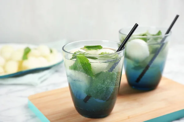 Glasses Tasty Melon Ball Drinks Table — Stock Photo, Image