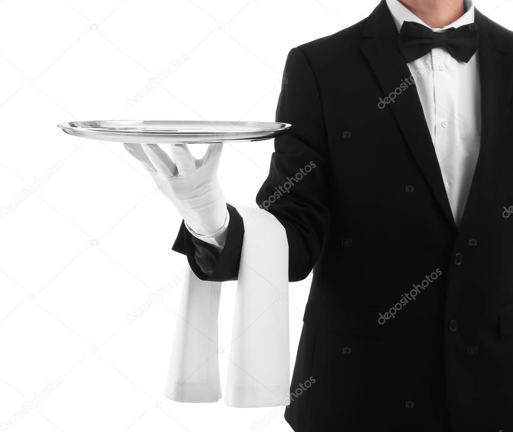 Waiter holding metal tray on white background