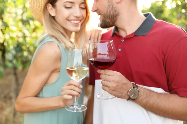 Amigos Segurando Copos Vinho Divertindo Piquenique Vinha — Fotografia de Stock