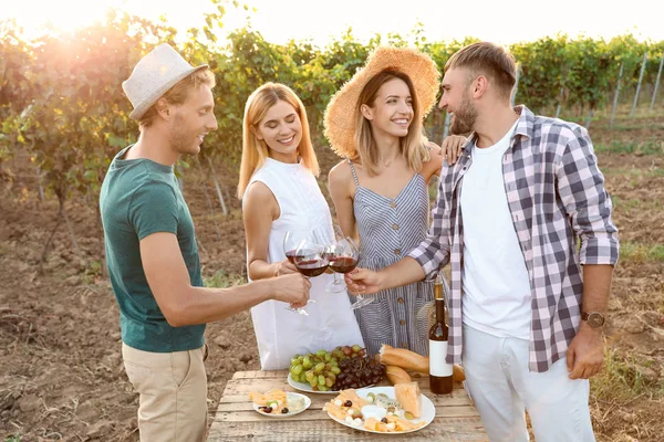 Amigos Segurando Copos Vinho Divertindo Piquenique Vinha — Fotografia de Stock