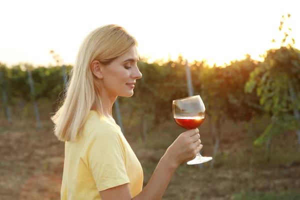 Joven Hermosa Mujer Disfrutando Del Vino Viñedo Día Soleado — Foto de Stock