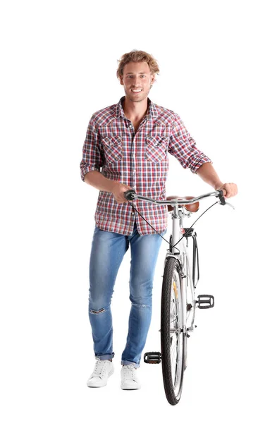 Schöner Mann Mit Fahrrad Gegen Ziegelmauer — Stockfoto