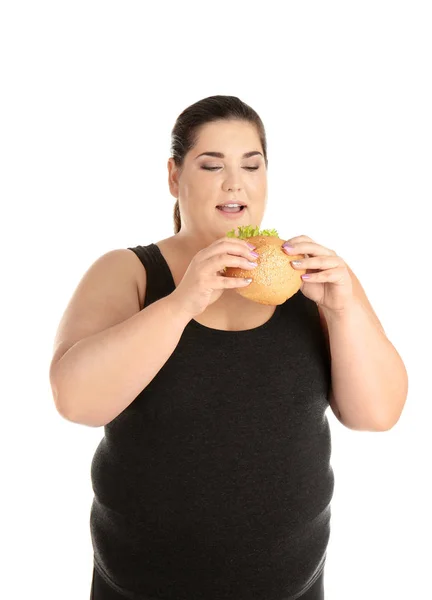 Übergewichtige Frau Mit Hamburger Auf Weißem Hintergrund — Stockfoto