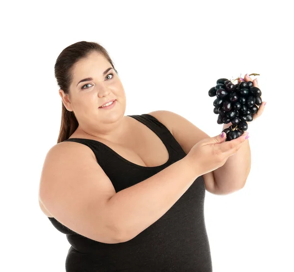 Overgewicht Vrouw Met Druiven Witte Achtergrond — Stockfoto