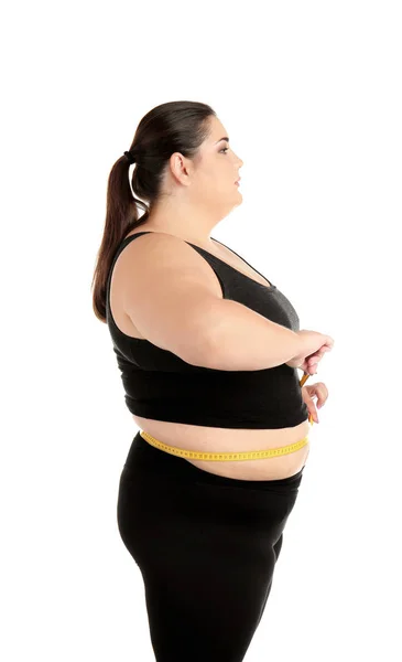 Overweight Woman Measuring Tape White Background — Stock Photo, Image