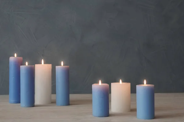 Burning Candles Table Color Wall Space Text — Stock Photo, Image