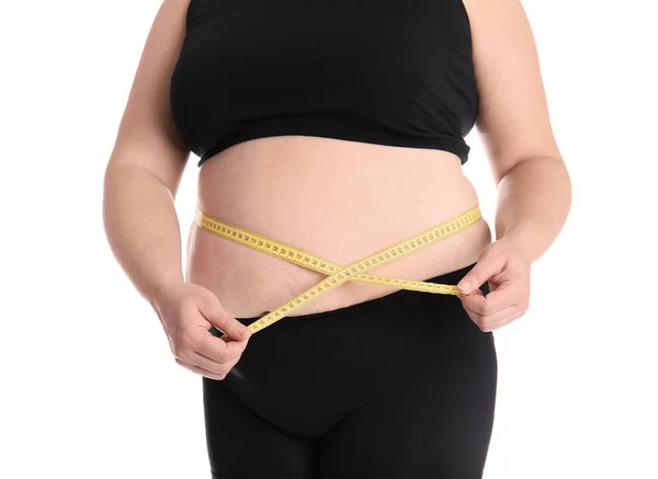 Fat Woman Measuring Tape White Background Closeup Weight Loss — Stock Photo, Image