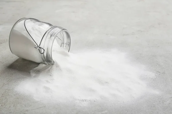 Overturned Jar Baking Soda Grey Background Space Text — Stock Photo, Image