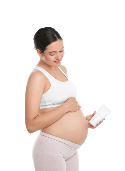 Kobieta Ciąży Trzyma Ciało Krem Białym Tle — Zdjęcie stockowe